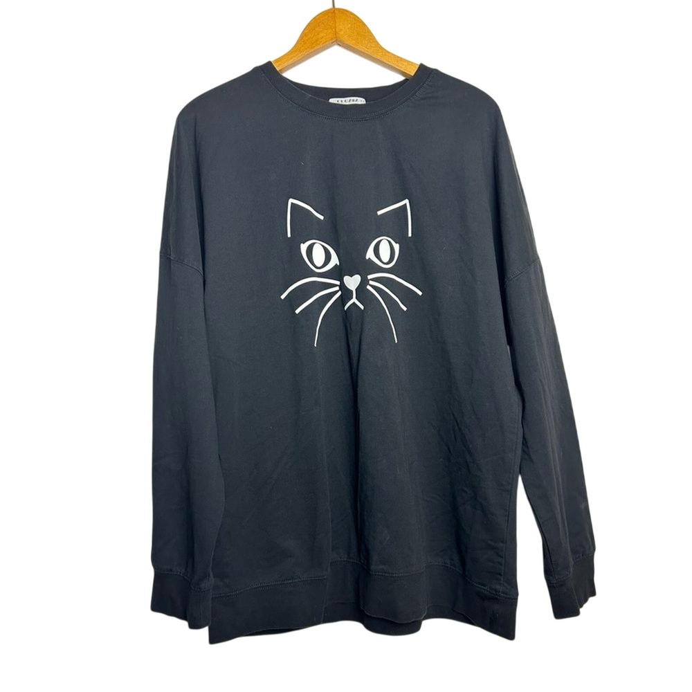 Clozoz T-Shirt Top Women‎ XXL Black Long Sleeve Pima blend Cat Print Soft Comfy